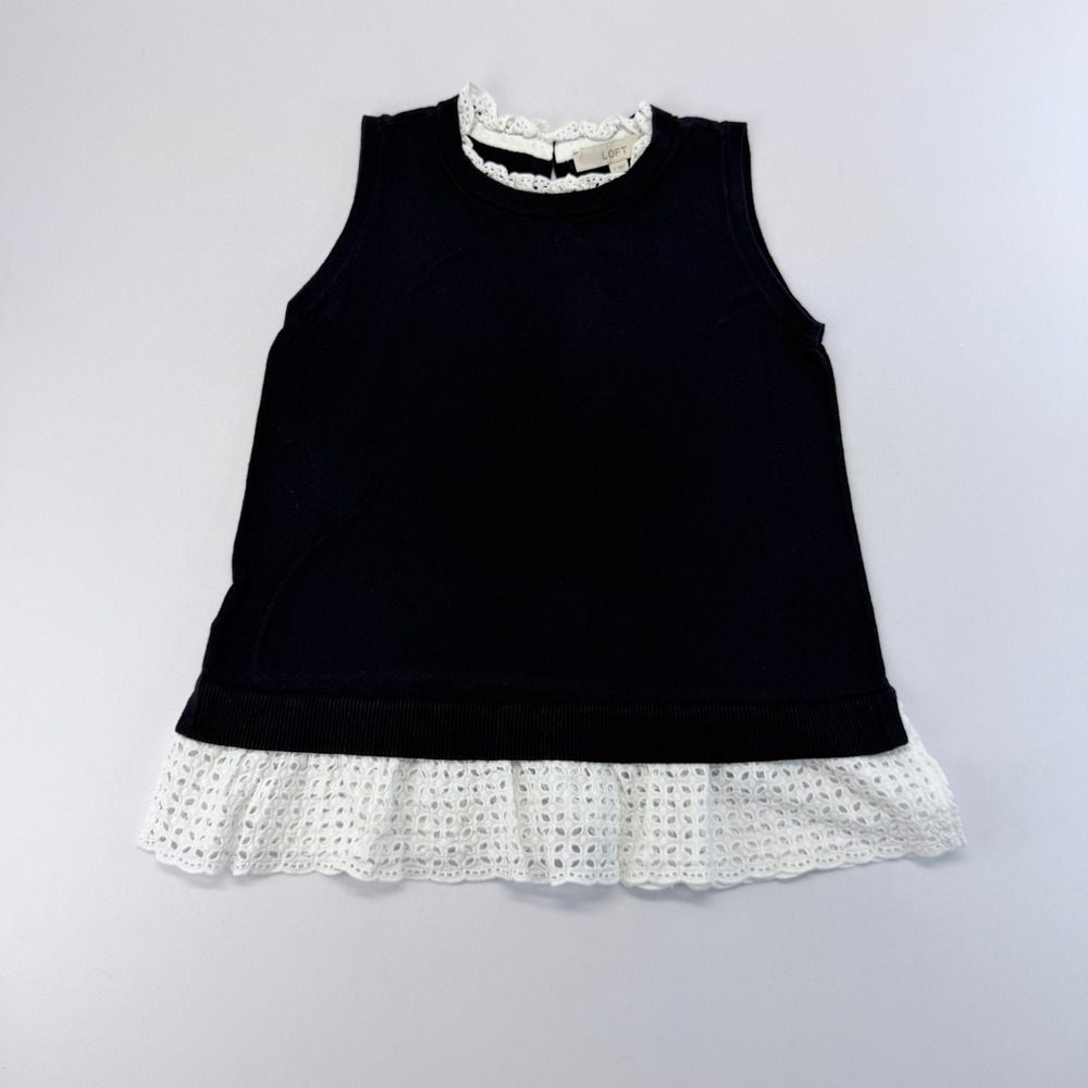 LOFT Navy Blue Sleeveless Cotton Knit Top with White Eyelet Lace Trim Small